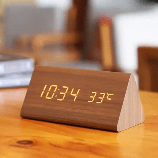 Digital Wooden Alarm Clock - LED Display and Voice Control