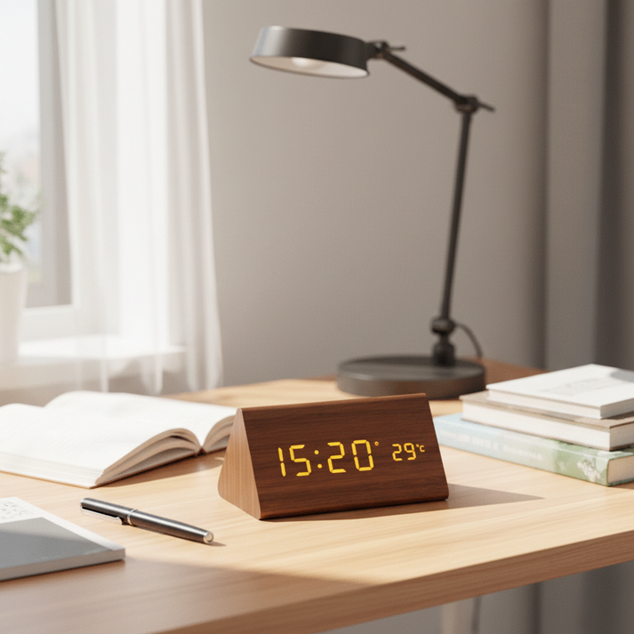 Digital Wooden Alarm Clock - LED Display and Voice Control
