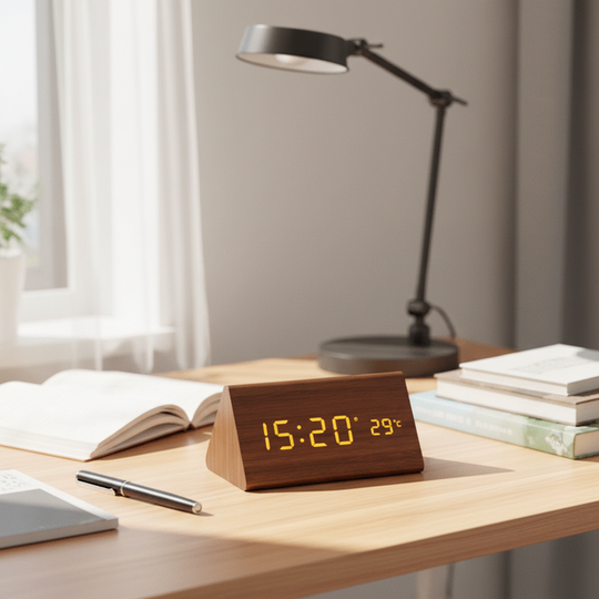 Digital Wooden Alarm Clock - LED Display and Voice Control