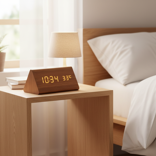 Digital Wooden Alarm Clock - LED Display and Voice Control