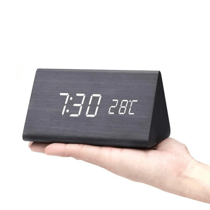 Digital Wooden Alarm Clock - LED Display and Voice Control