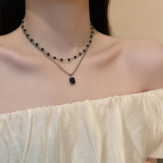 Double Collier en Argent avec Perles Noires