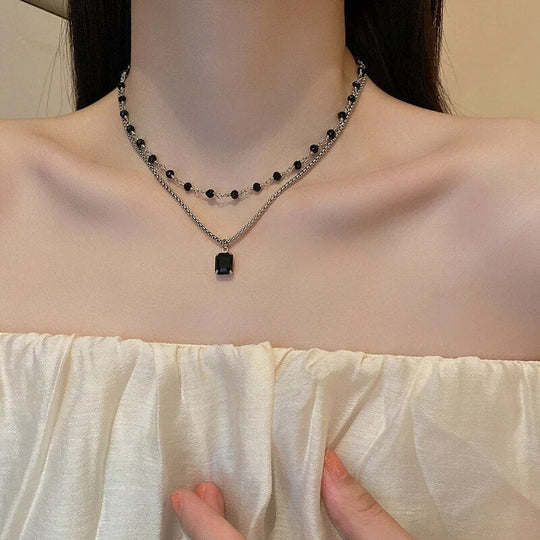 Double Collier en Argent avec Perles Noires