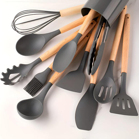 Silicone Kitchen Utensil Set – 12-Piece with Bamboo Handles, Heat-Resistant