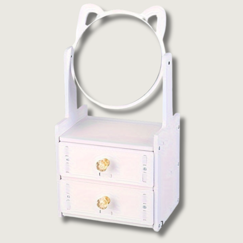 Cute Cat-Ear Makeup Mirror with Storage Drawers | Tabletop Vanity Organizer