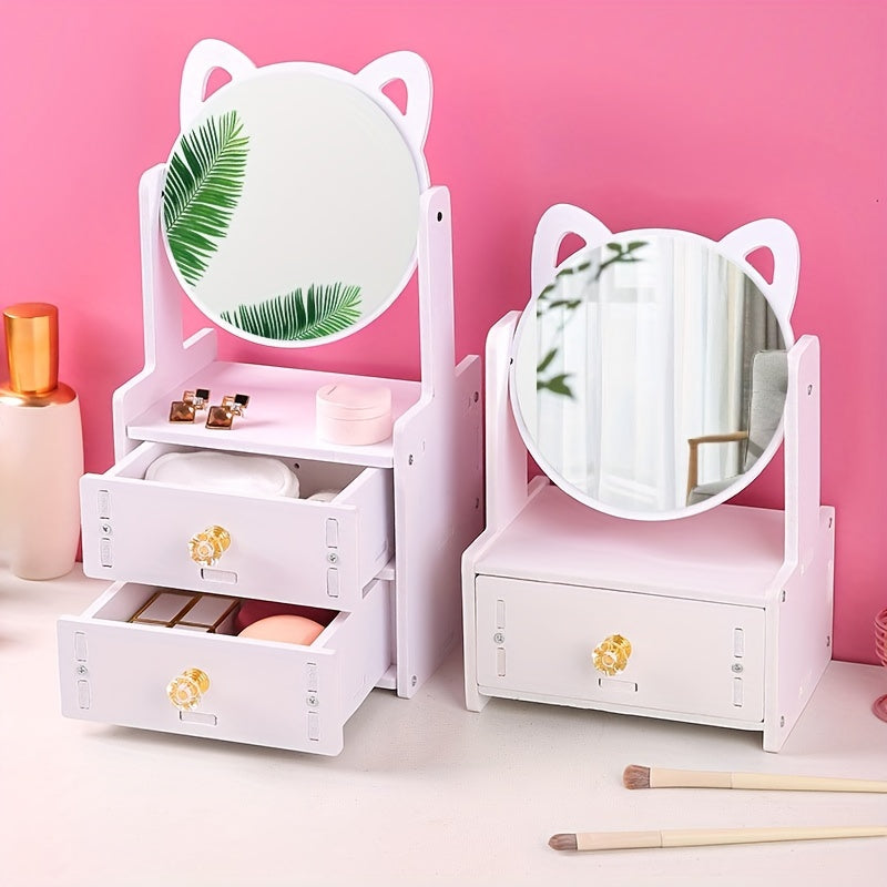 Cute Cat-Ear Makeup Mirror with Storage Drawers | Tabletop Vanity Organizer