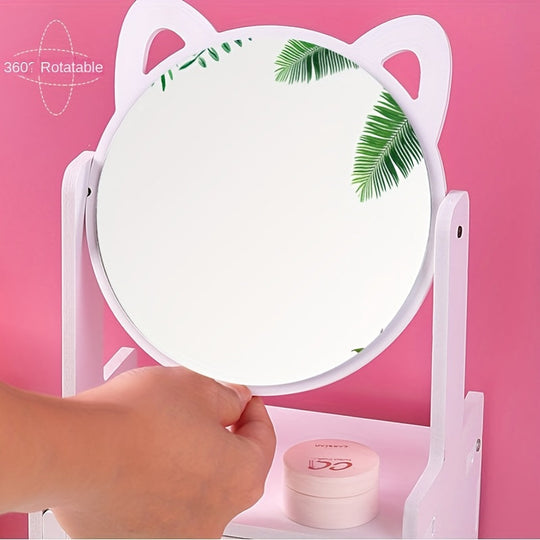Cute Cat-Ear Makeup Mirror with Storage Drawers | Tabletop Vanity Organizer