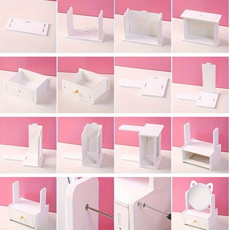 Cute Cat-Ear Makeup Mirror with Storage Drawers | Tabletop Vanity Organizer