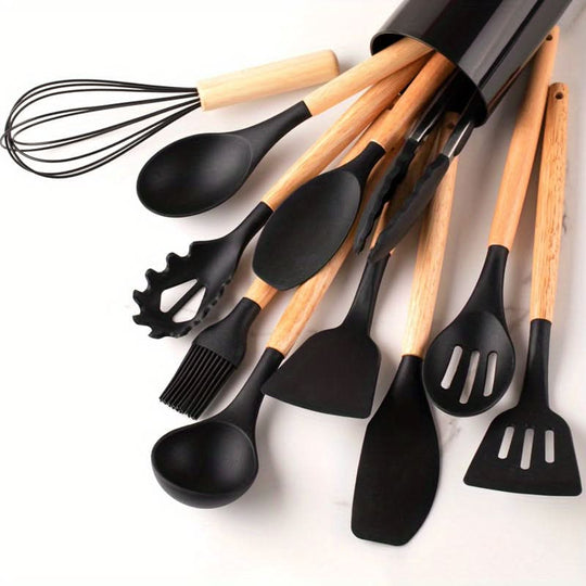 12-Piece Silicone Kitchen Utensil Set | Cookware with Wooden Handles