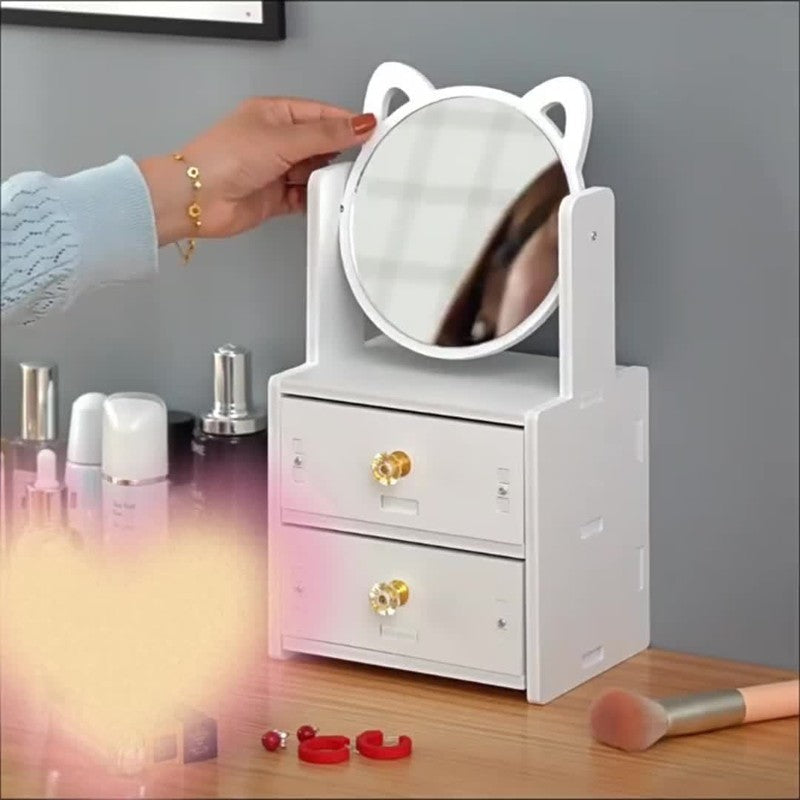 Cute Cat-Ear Makeup Mirror with Storage Drawers | Tabletop Vanity Organizer