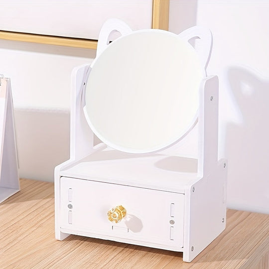 Cute Cat-Ear Makeup Mirror with Storage Drawers | Tabletop Vanity Organizer