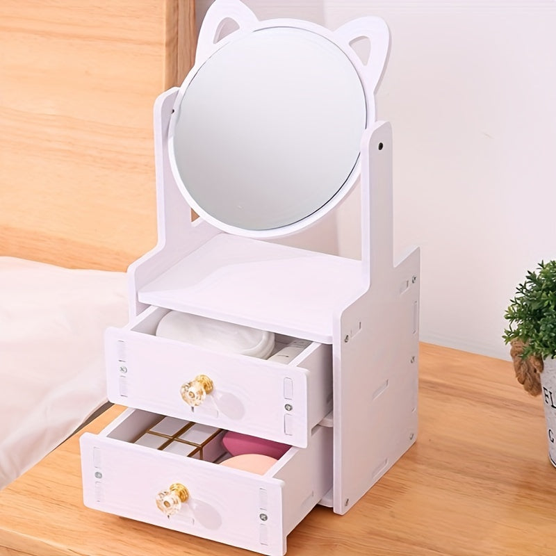 Cute Cat-Ear Makeup Mirror with Storage Drawers | Tabletop Vanity Organizer