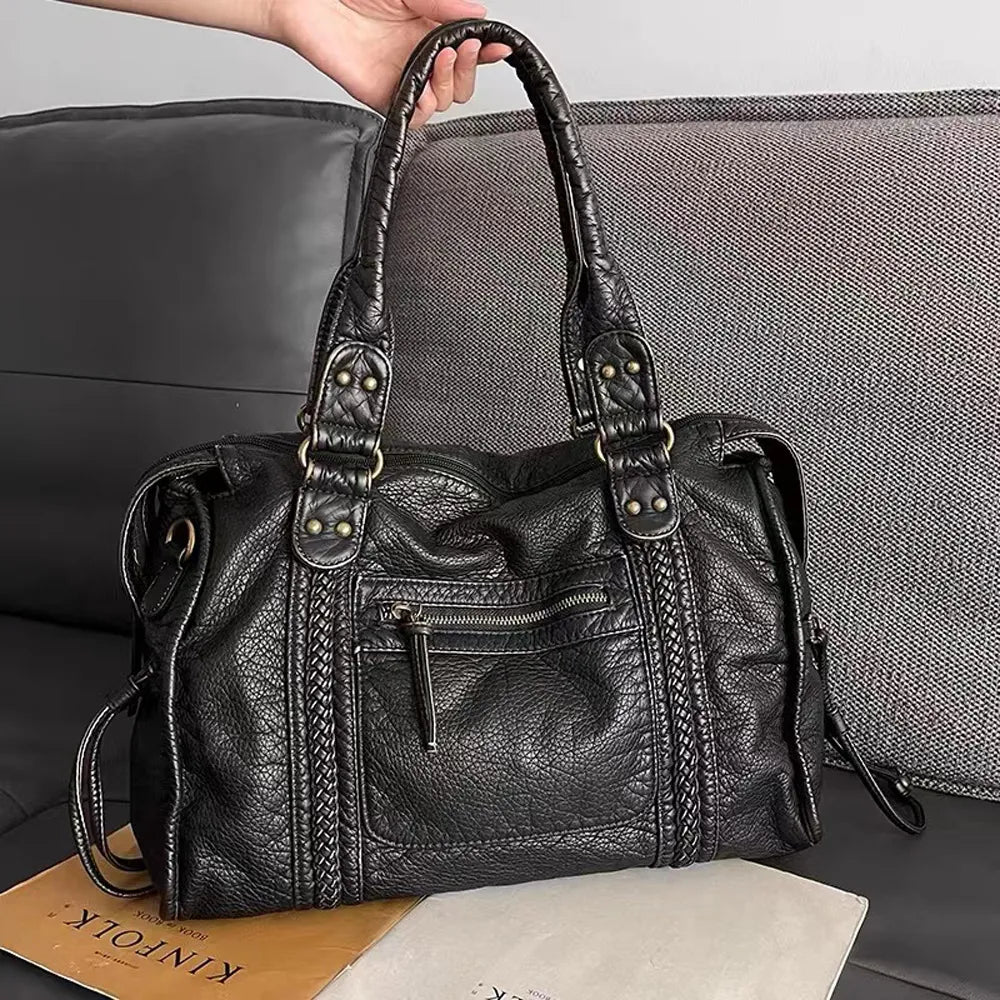Black Women's PU Leather Handbag – Spacious 37cm with Adjustable Strap