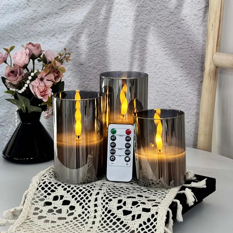 3er-Set flammenlose LED-Kerzen | Graues Säulen-Set mit Fernbedienung &amp; realistischer 3D-Docht