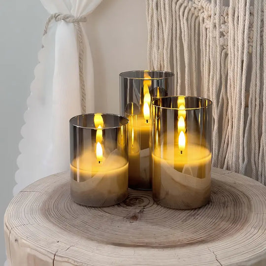 3er-Set flammenlose LED-Kerzen | Graues Säulen-Set mit Fernbedienung &amp; realistischer 3D-Docht