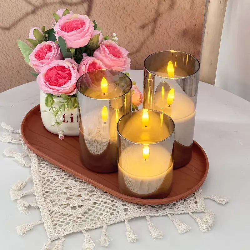 3er-Set flammenlose LED-Kerzen | Graues Säulen-Set mit Fernbedienung &amp; realistischer 3D-Docht