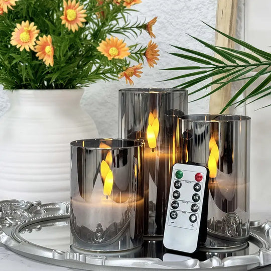 3er-Set flammenlose LED-Kerzen | Graues Säulen-Set mit Fernbedienung &amp; realistischer 3D-Docht