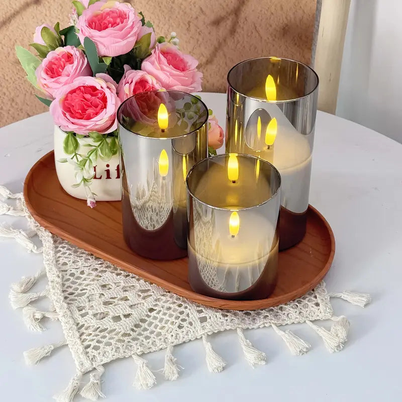 3er-Set flammenlose LED-Kerzen | Graues Säulen-Set mit Fernbedienung &amp; realistischer 3D-Docht