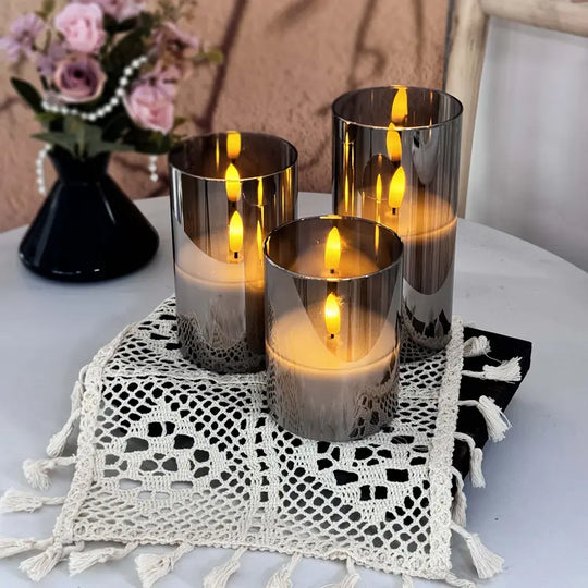 3er-Set flammenlose LED-Kerzen | Graues Säulen-Set mit Fernbedienung &amp; realistischer 3D-Docht