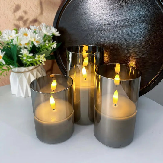 3er-Set flammenlose LED-Kerzen | Graues Säulen-Set mit Fernbedienung &amp; realistischer 3D-Docht
