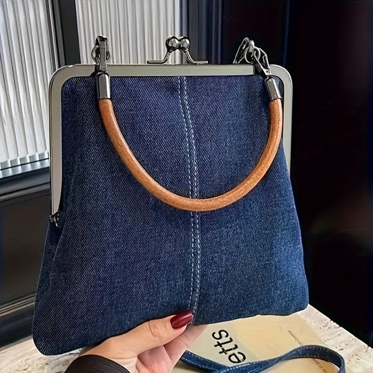 Blaue Denim-Rahmentasche für Damen | Brauner gebogener Griff