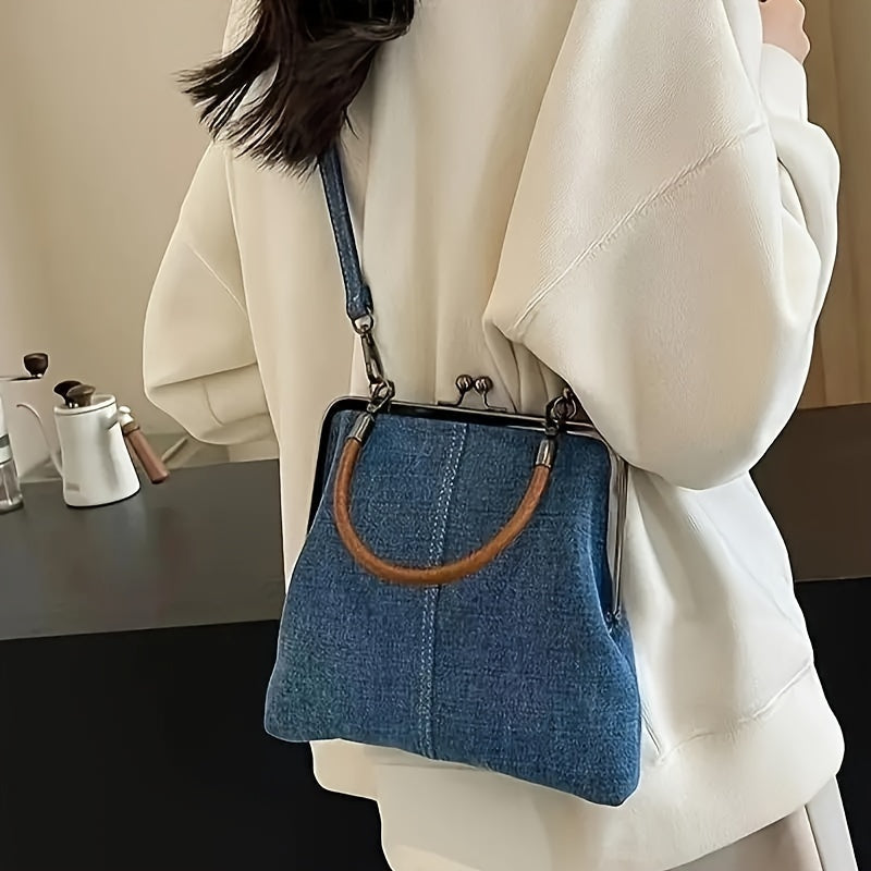 Blaue Denim-Rahmentasche für Damen | Brauner gebogener Griff