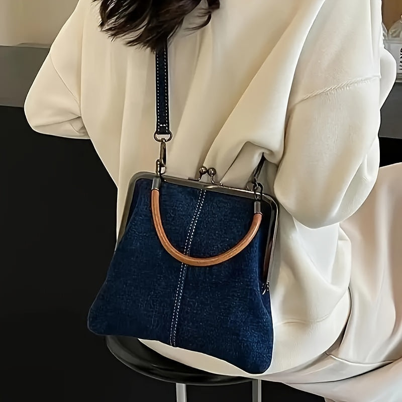 Blaue Denim-Rahmentasche für Damen | Brauner gebogener Griff