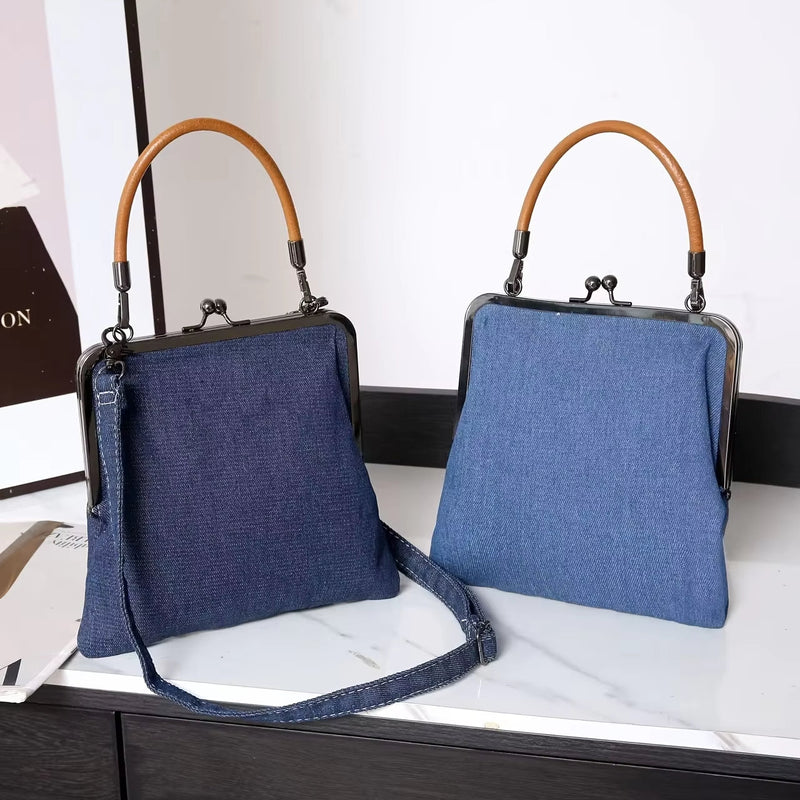 Blaue Denim-Rahmentasche für Damen | Brauner gebogener Griff
