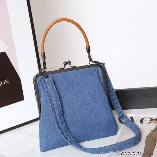 Blaue Denim-Rahmentasche für Damen | Brauner gebogener Griff