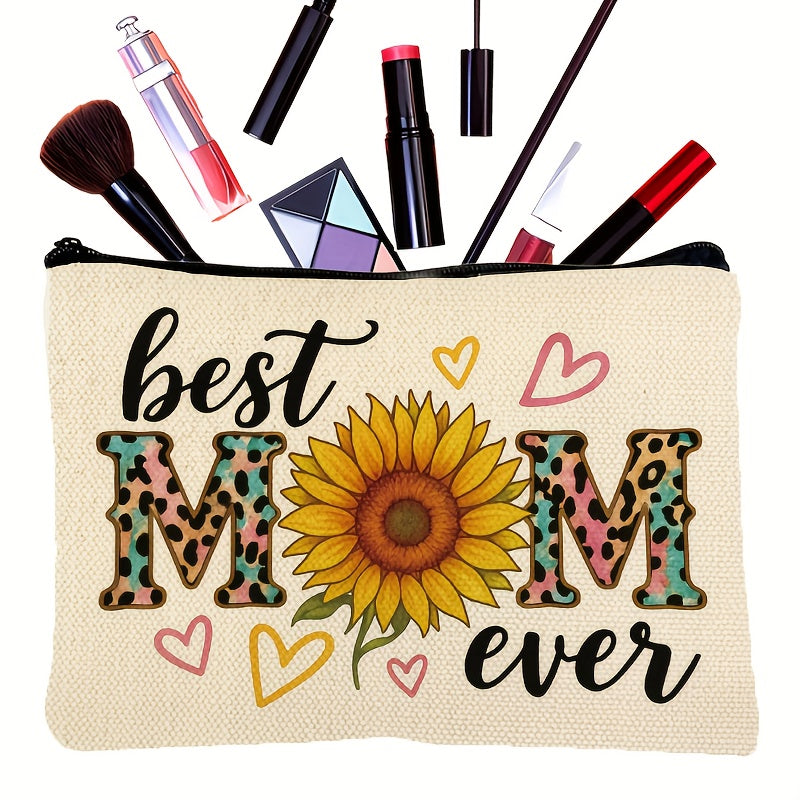 Women's Toiletry Bag with Sunflower and the Text 'Best Mom Ever' – Trendy Gift for Mom