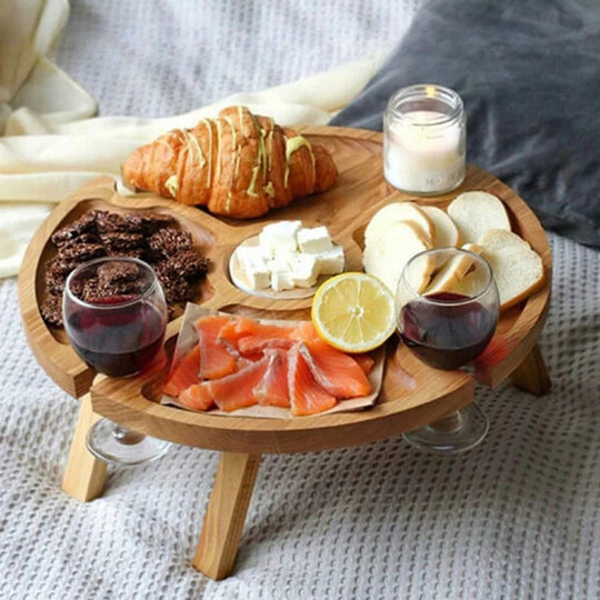 Table de pique-nique en bois avec porte-verres à vin - Pliable