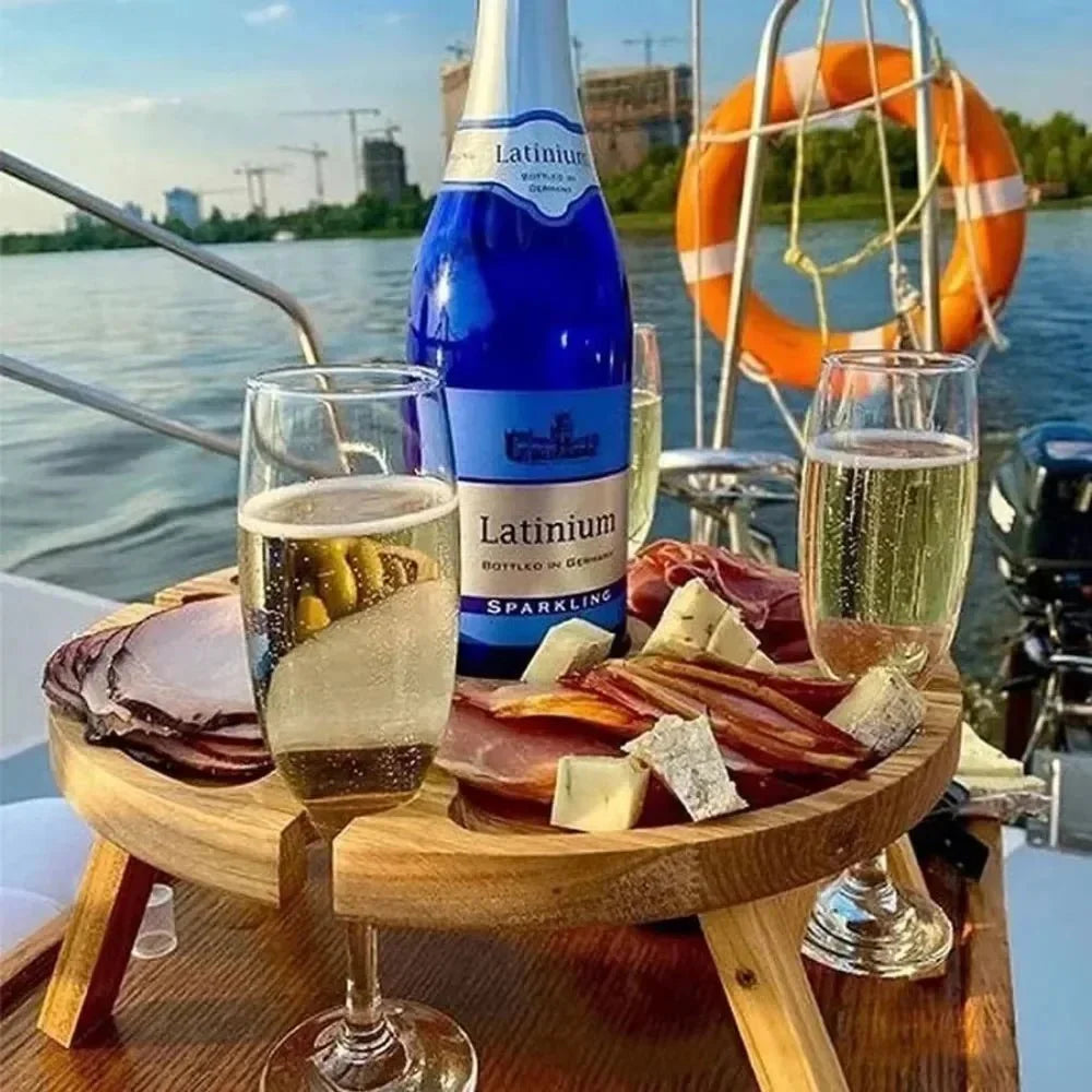Table de pique-nique en bois avec porte-verres à vin - Pliable