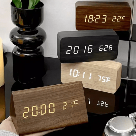 Digital Wooden Alarm Clock - LED Display and Voice Control