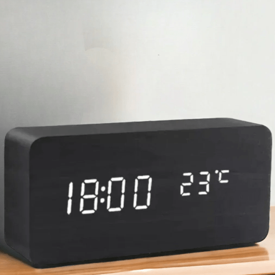 Digital Wooden Alarm Clock - LED Display and Voice Control