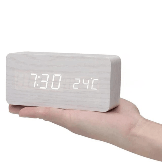 Digital Wooden Alarm Clock - LED Display and Voice Control