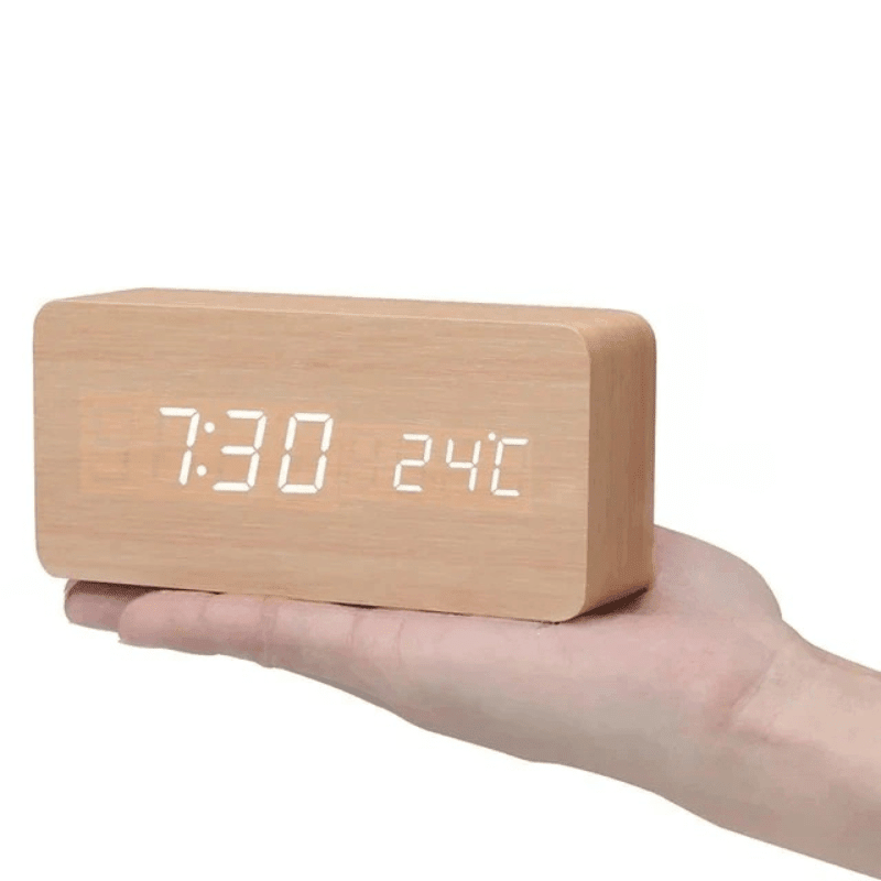 Digital Wooden Alarm Clock - LED Display and Voice Control
