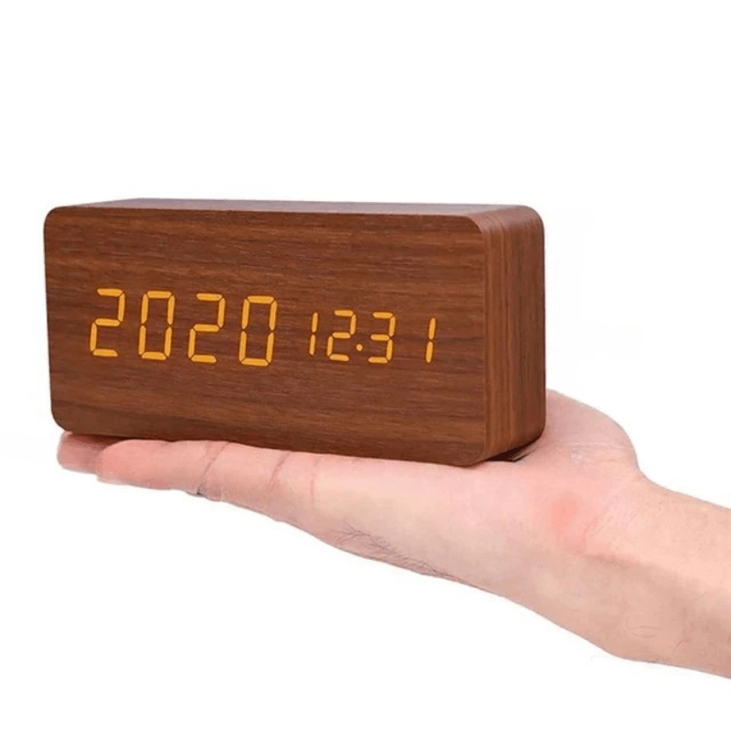 Digital Wooden Alarm Clock - LED Display and Voice Control