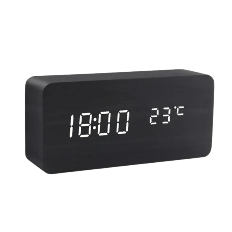 Digital Wooden Alarm Clock - LED Display and Voice Control
