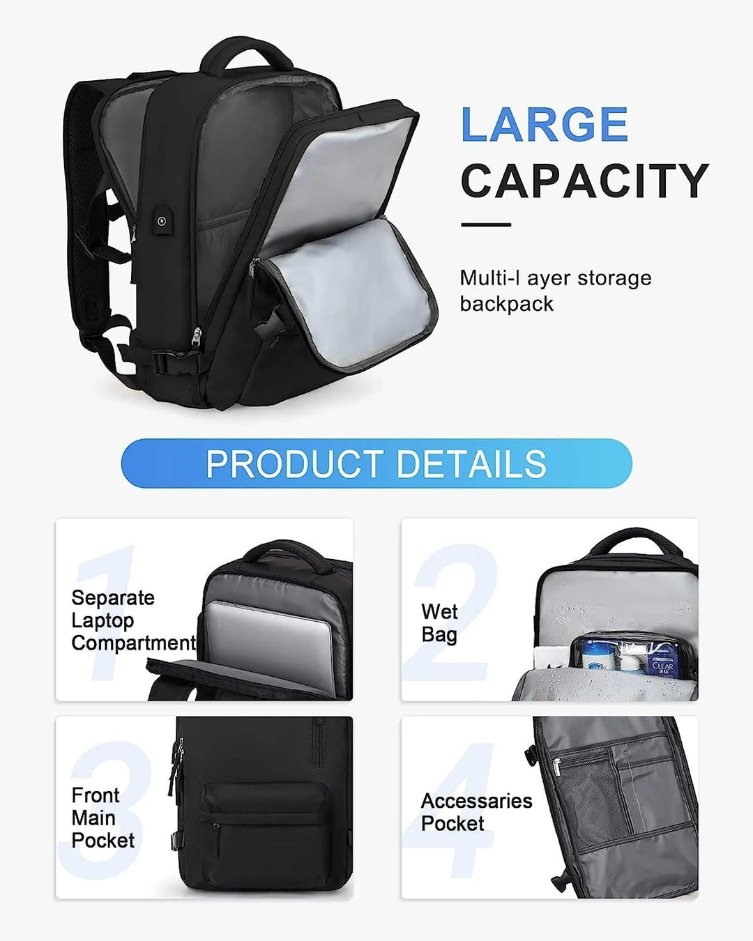 Reisrugzak 40L Waterdicht – Schoenvak, USB-poort &amp; Laptopvak